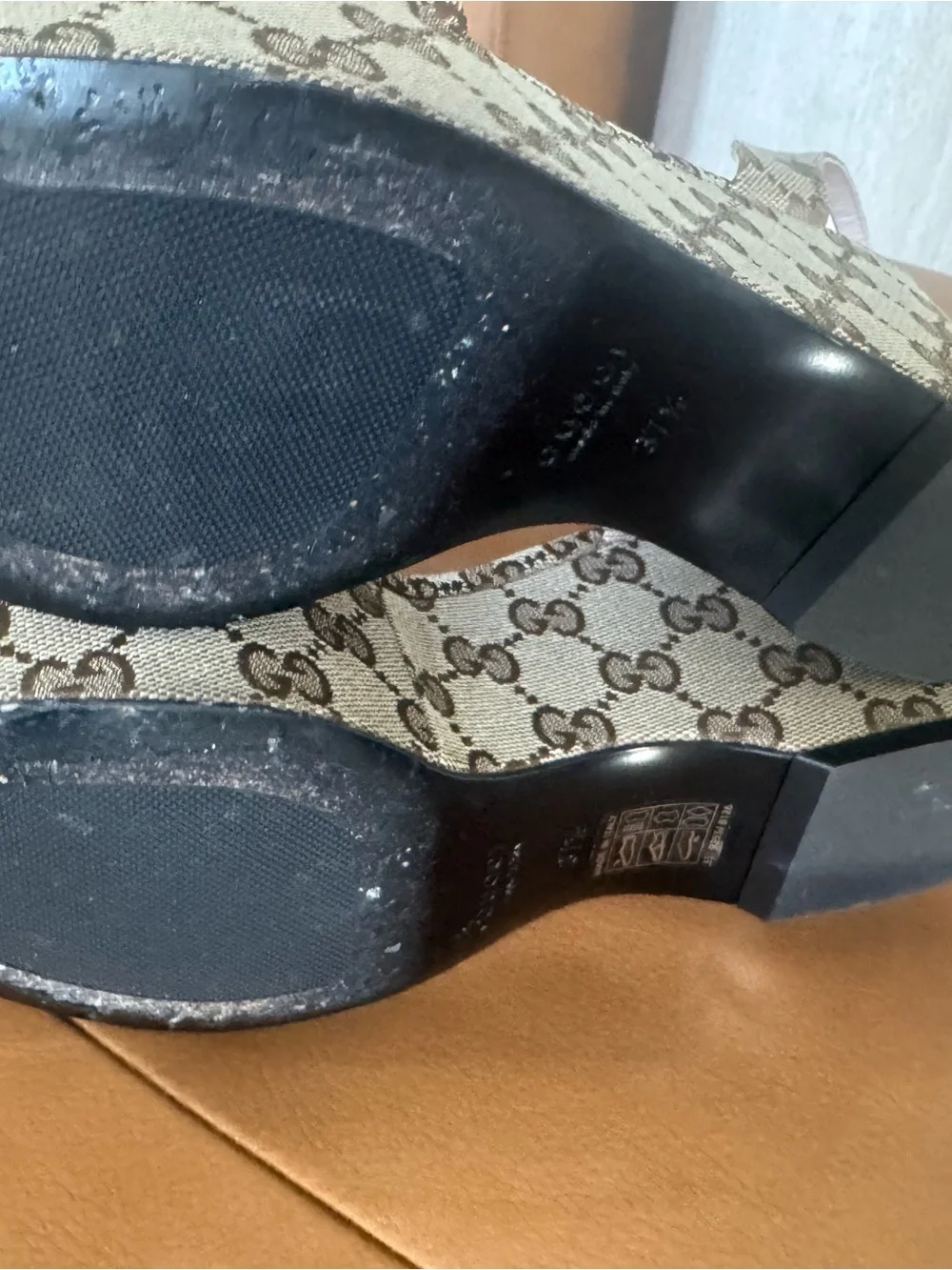 Gucci Tan Monogram Platform Slingback Sandals with Gold Horsebit